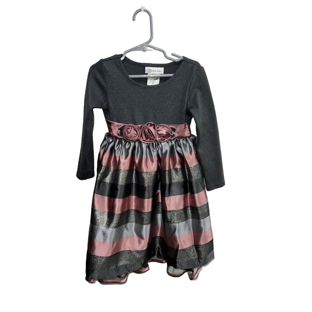 Bonnie Jean Girls Fancy Dress Sz 4T Long Sleeve Gray Pink rosettes plaid